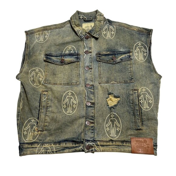 Untitled Artworks Denim Vest Allover Logo Chalk Blue